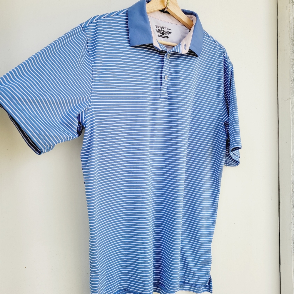 Straight Down Mens Polo Golf Athletic Shirt Blue Stripes Size Large - Picture 6 of 14